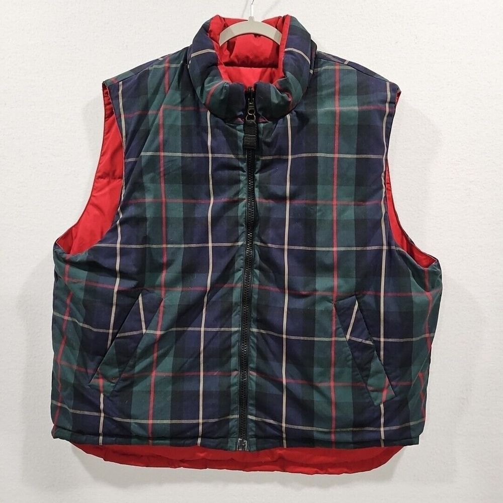 Eddie Bauer Mens L Red Green Blue Plaid Vintage Down Vest Reversible Full Zip